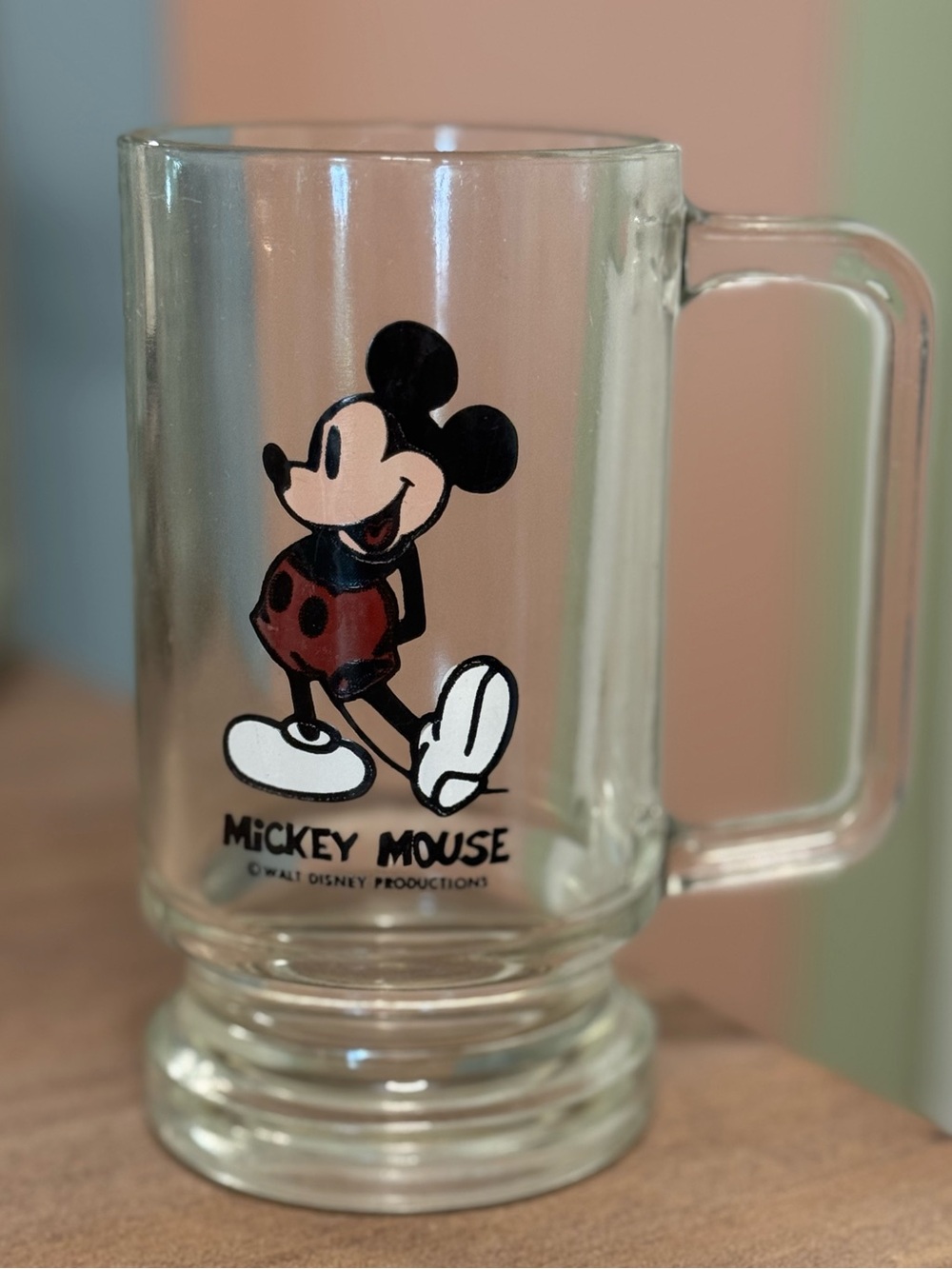 Vintage Disney Mickey Mouse Clear Heavy Duty Sturdy 1970’s Glass Mug